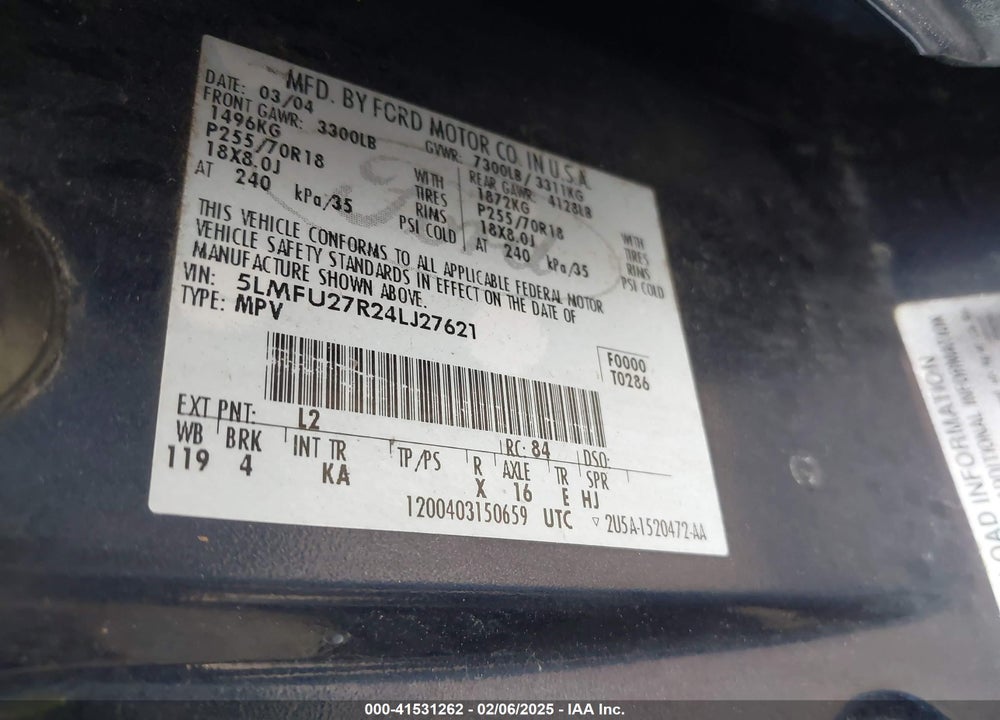 2004 LINCOLN NAVIGATOR VIN: 5LMFU27R24LJ27621
