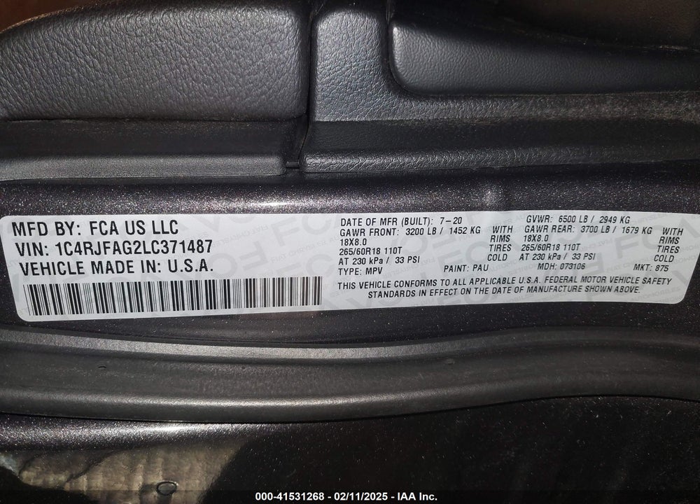 2020 JEEP GRAND CHEROKEE NORTH EDITION 4X4 VIN: 1C4RJFAG2LC371487