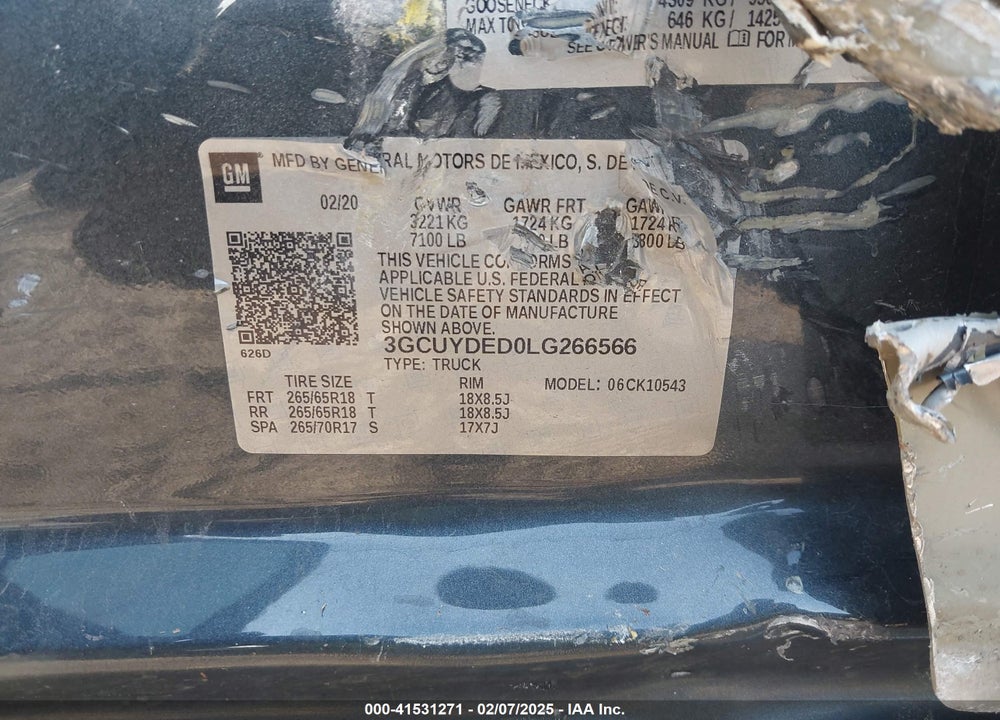 2020 CHEVROLET SILVERADO 1500 VIN: 3GCUYDED0LG266566