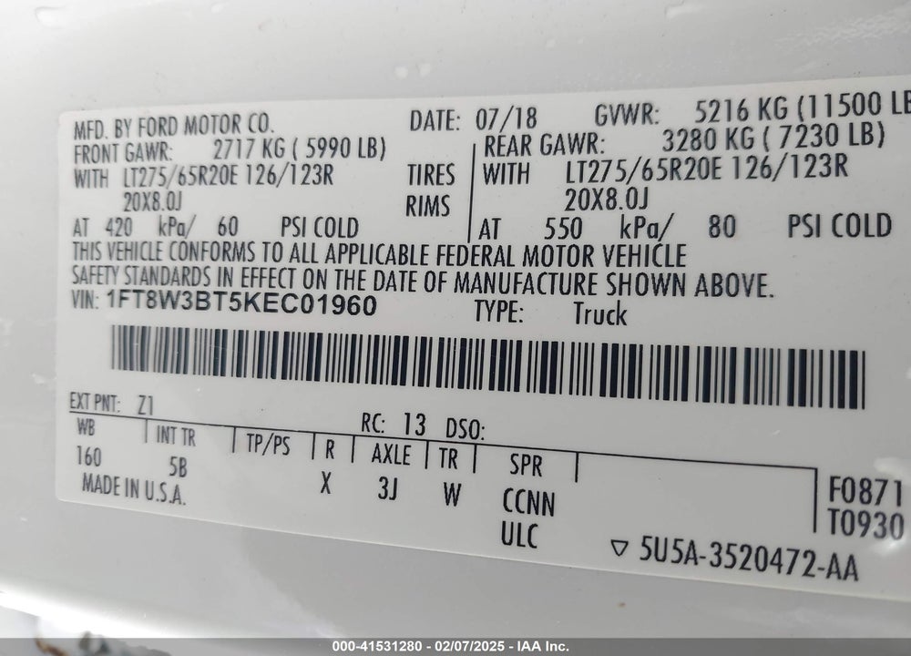 2019 FORD F-350 LARIAT VIN: 1FT8W3BT5KEC01960