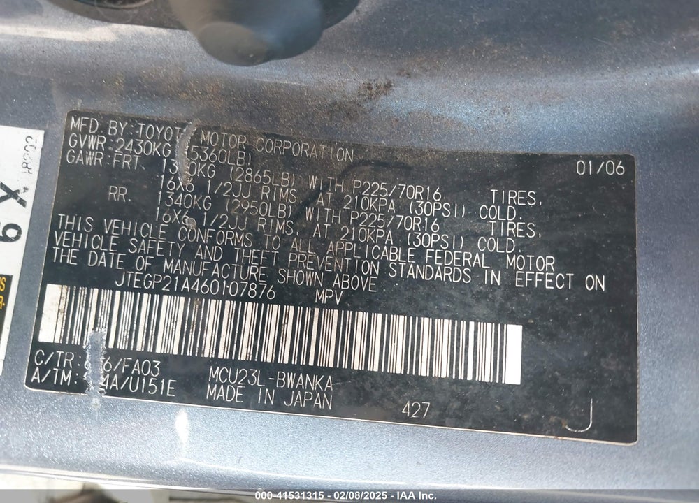 2006 TOYOTA HIGHLANDER V6 VIN: JTEGP21A460107876