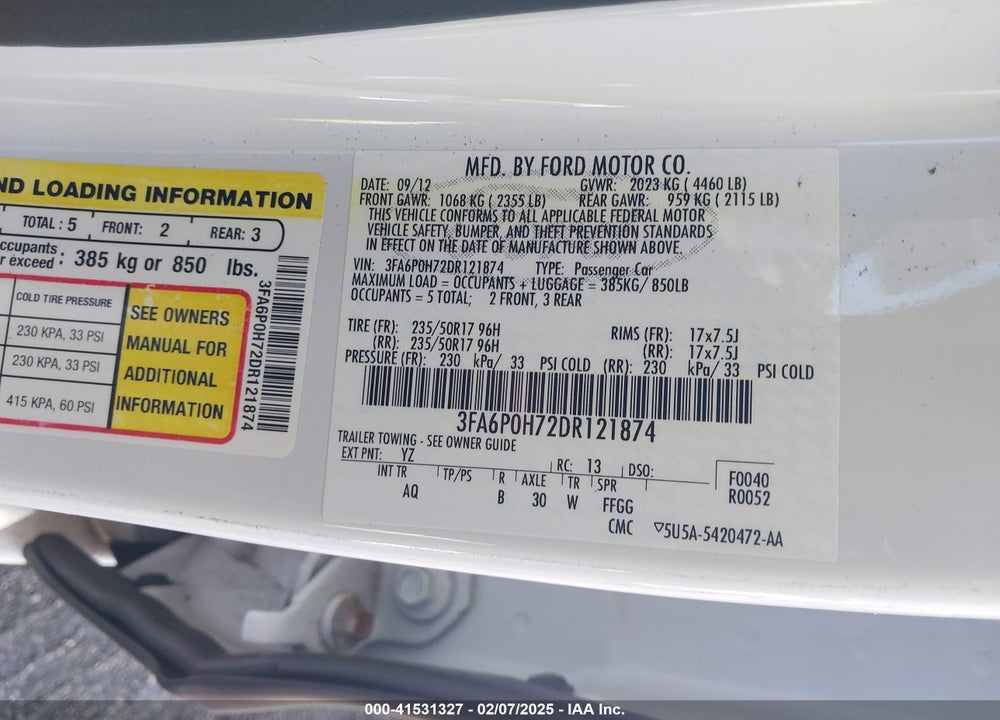 2013 FORD FUSION VIN: 3FA6P0H72DR121874