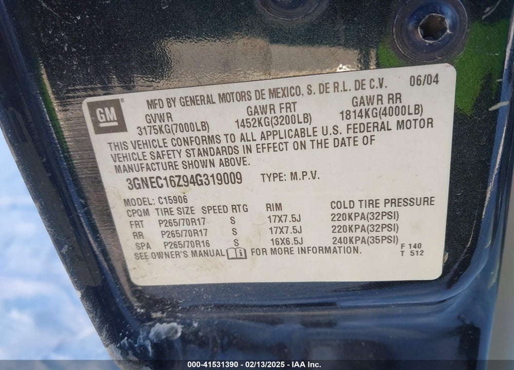 2004 CHEVROLET SUBURBAN 1500 VIN: 3GNEC16Z94G319009