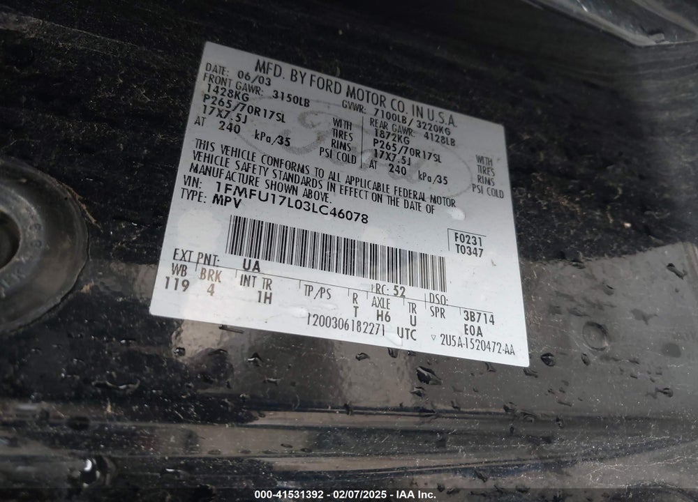 2003 FORD EXPEDITION EDDIE BAUER VIN: 1FMFU17L03LC46078