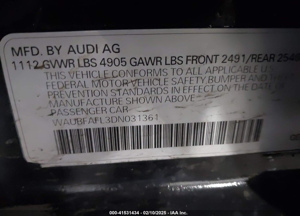 2013 AUDI A4 VIN: WAUBFAFL3DN031361
