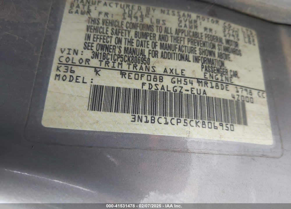 2012 NISSAN VERSA VIN: 3N1BC1CP5CK806950