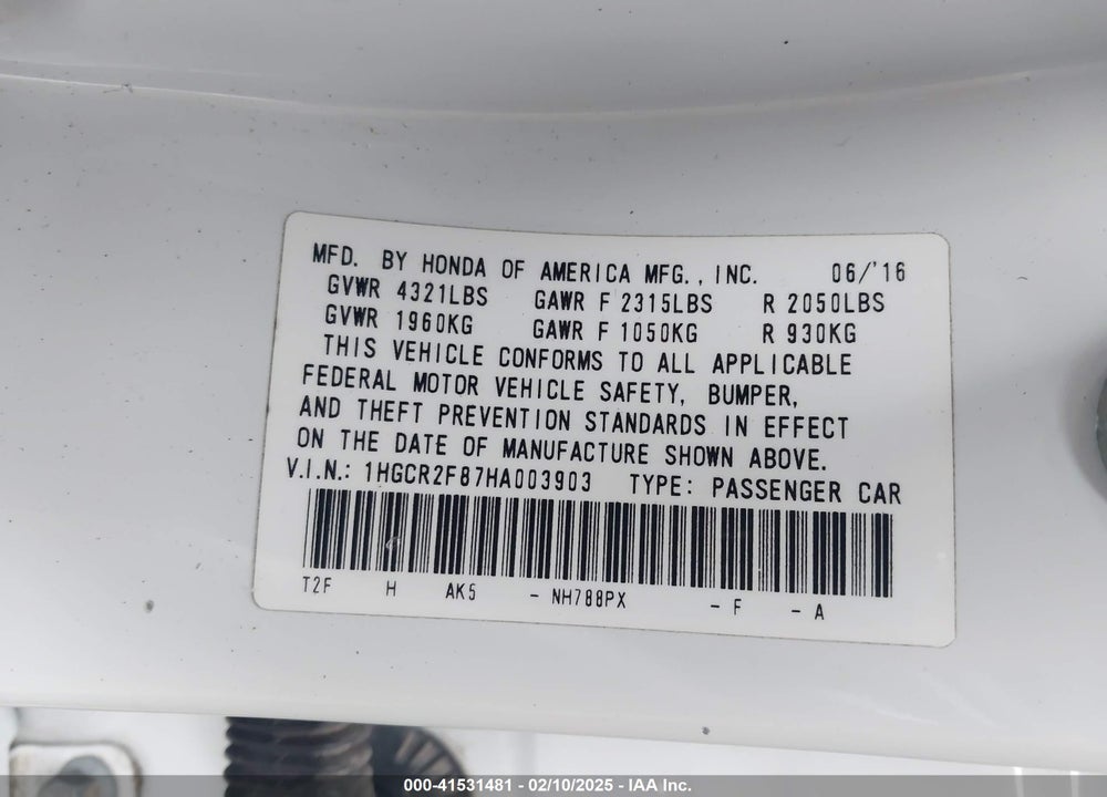 2017 HONDA ACCORD EX-L VIN: 1HGCR2F87HA003903