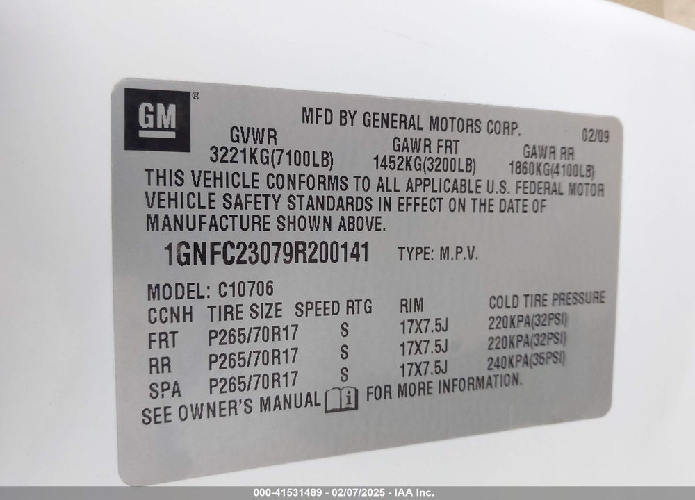 2009 CHEVROLET TAHOE LT2 VIN: 1GNFC23079R200141
