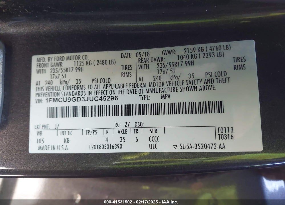 2018 FORD ESCAPE SE VIN: 1FMCU9GD3JUC45296