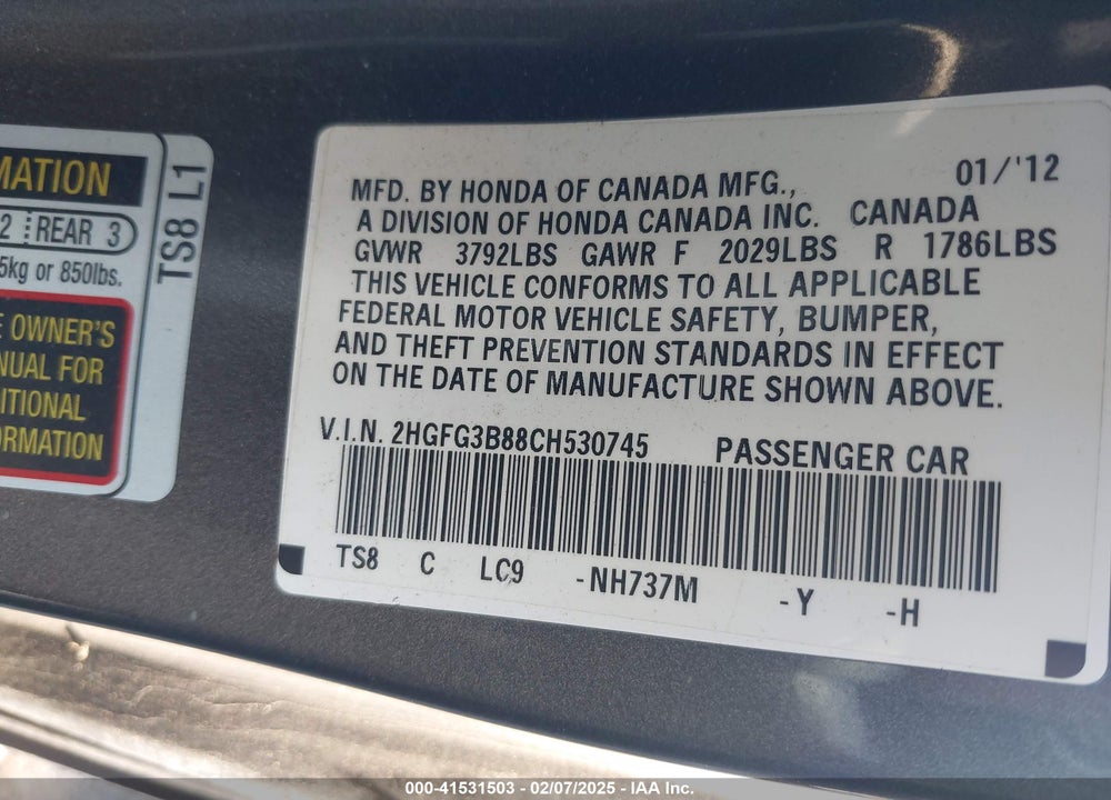 2012 HONDA CIVIC VIN: 2HGFG3B88CH530745
