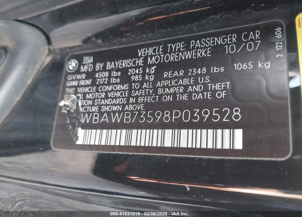 2008 BMW 335I VIN: WBAWB73598P039528