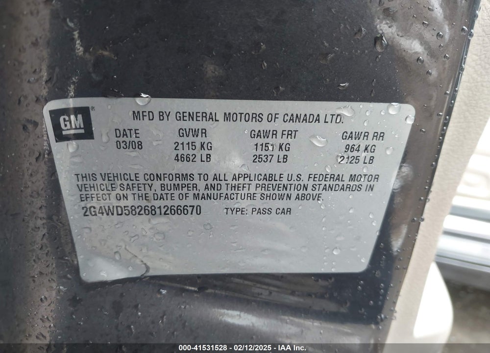 2008 BUICK LACROSSE CXL VIN: 2G4WD582681266670