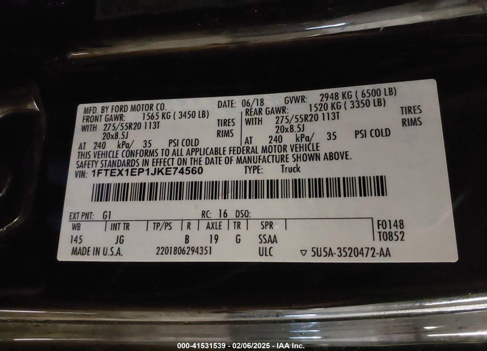 2018 FORD F-150 VIN: 1FTEX1EP1JKE74560