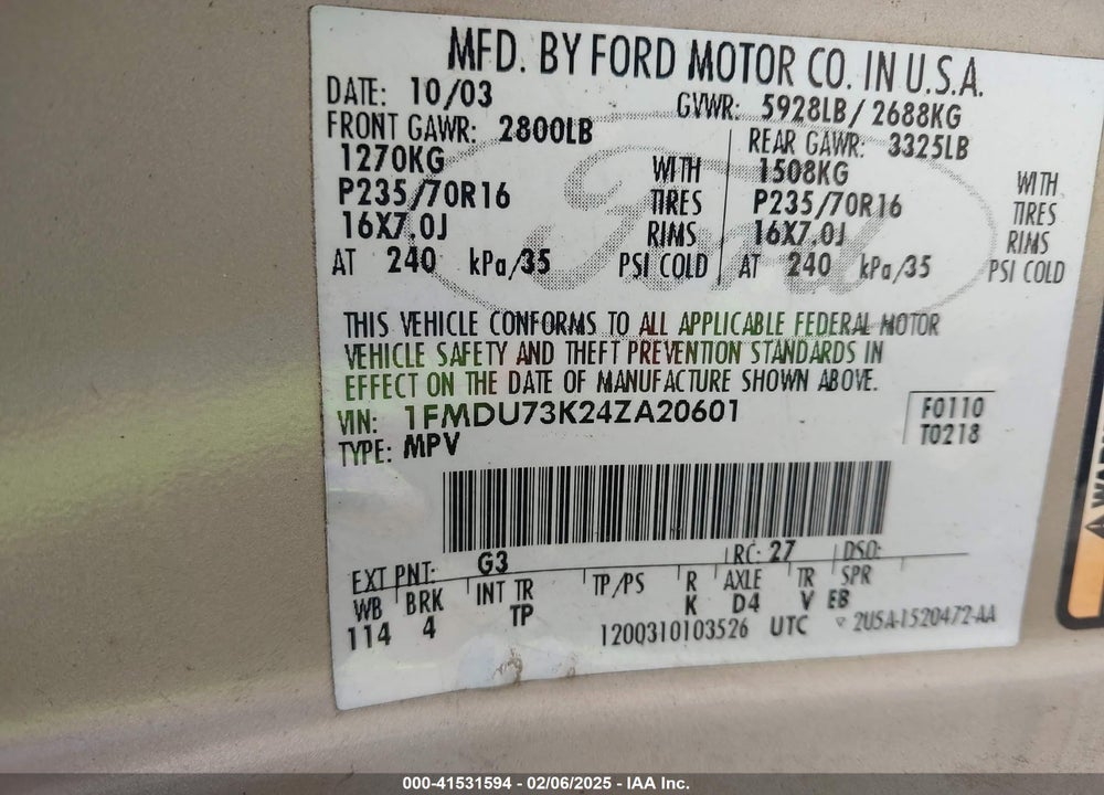 2004 FORD EXPLORER NBX/XLT VIN: 1FMDU73K24ZA20601