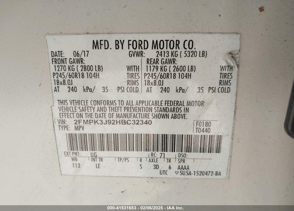 2017 FORD EDGE SEL VIN: 2FMPK3J92HBC32340
