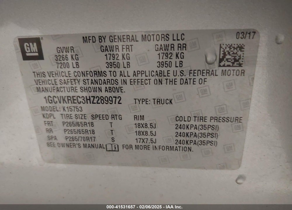 2017 CHEVROLET SILVERADO 1500 1LT VIN: 1GCVKREC3HZ289972