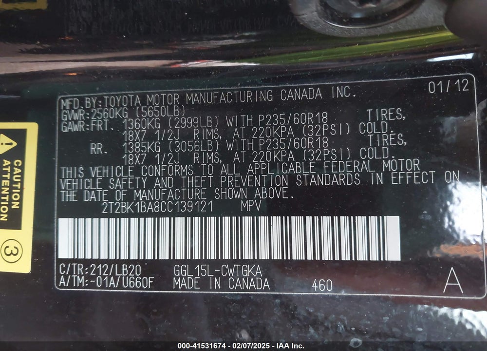 2012 LEXUS RX 350 VIN: 2T2BK1BA8CC139121