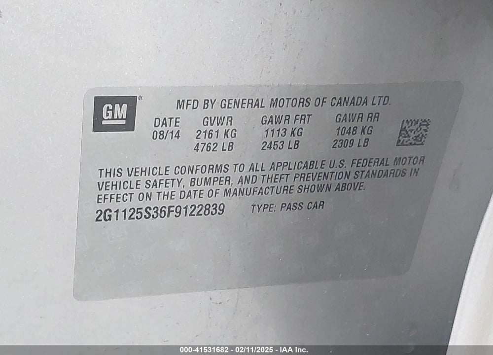 2015 CHEVROLET IMPALA VIN: 2G1125S36F9122839