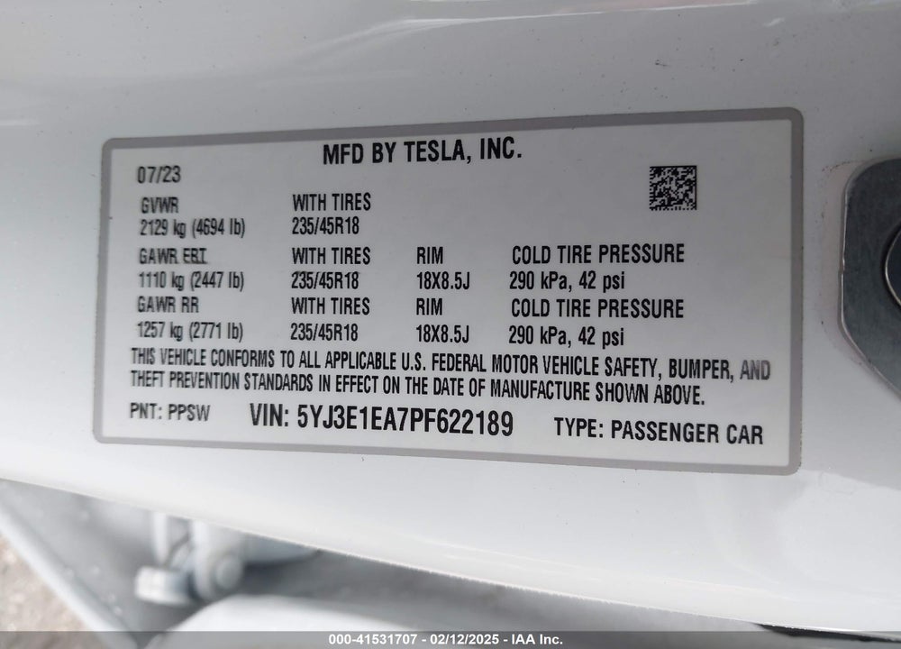 2023 TESLA MODEL 3 VIN: 5YJ3E1EA7PF622189
