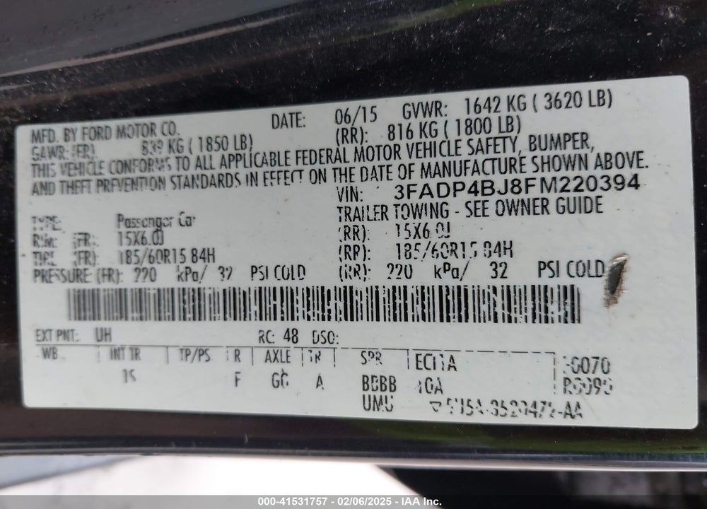 2015 FORD FIESTA VIN: 3FADP4BJ8FM220394