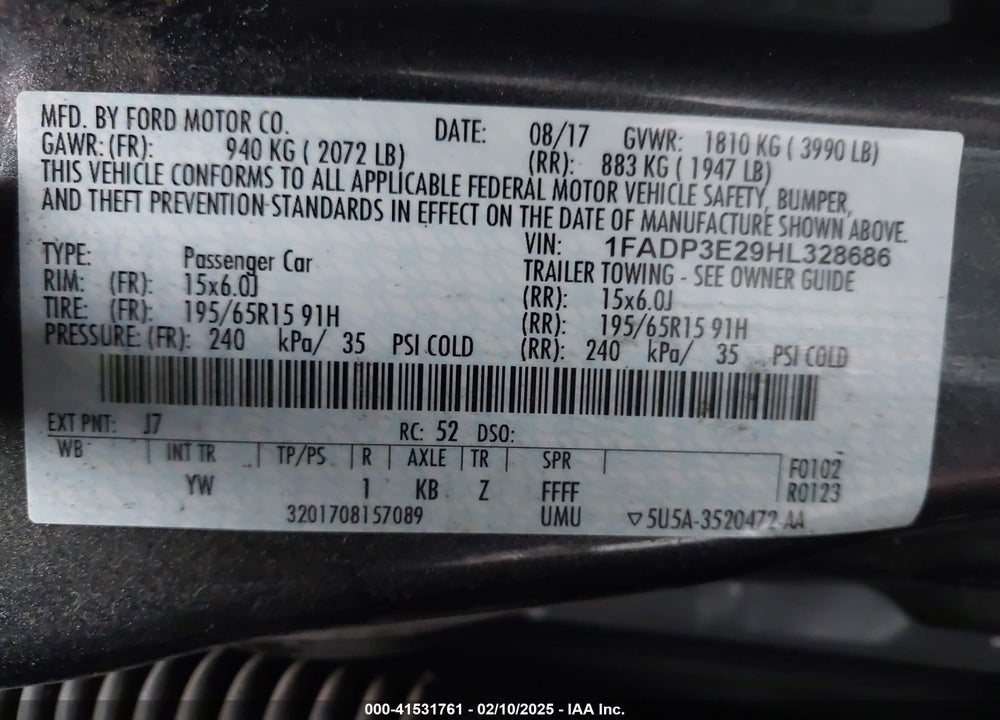 2017 FORD FOCUS VIN: 1FADP3E29HL328686