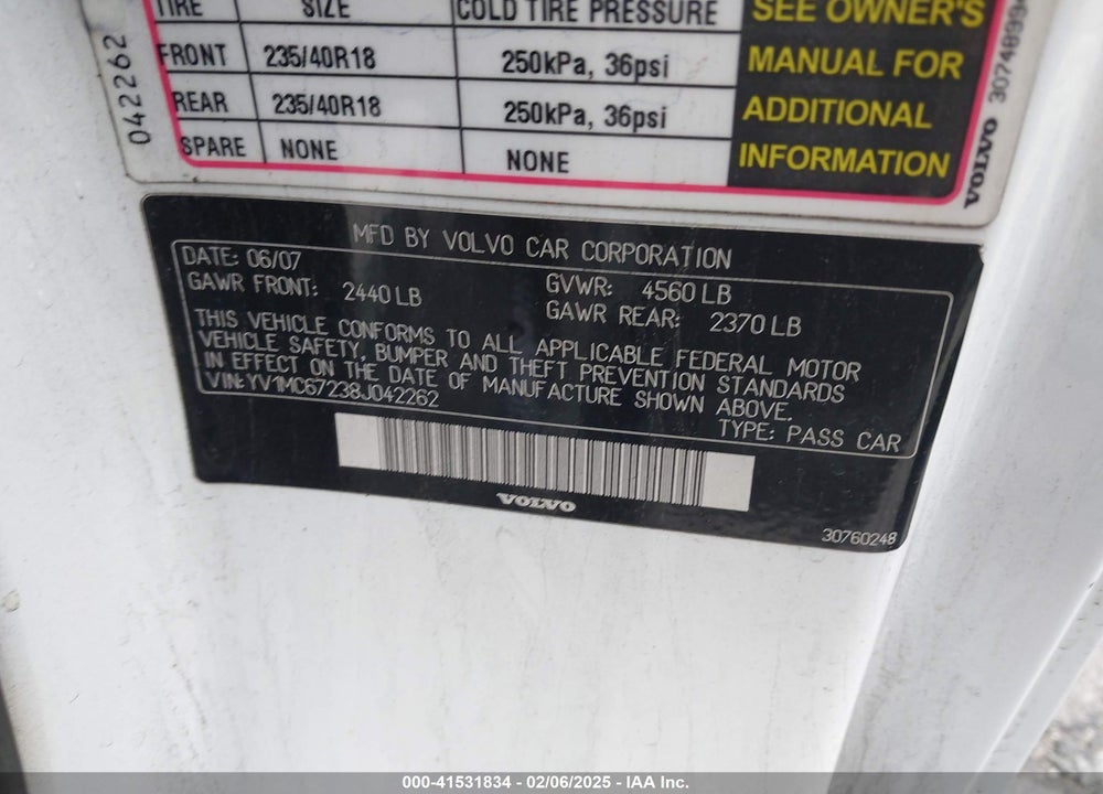 2008 VOLVO C70 VIN: YV1MC67238J042262