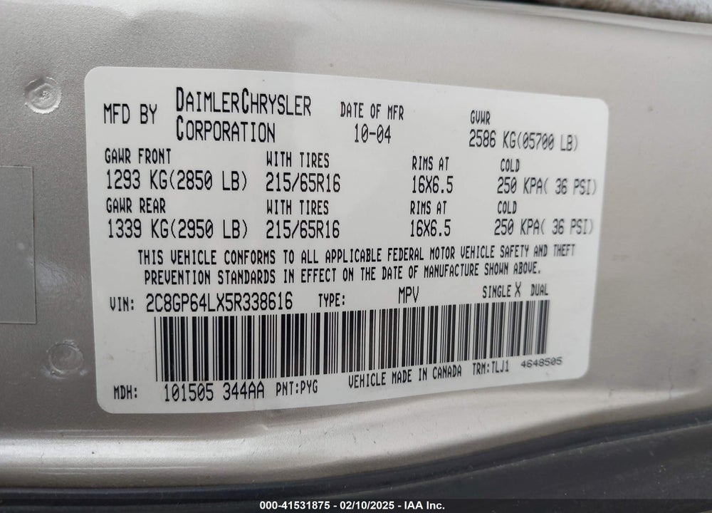 2005 CHRYSLER TOWN & COUNTRY LIMITED VIN: 2C8GP64LX5R338616