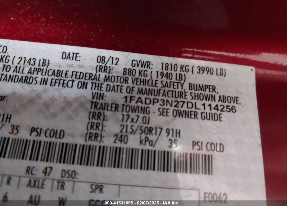 2013 FORD FOCUS VIN: 1FADP3N27DL114256
