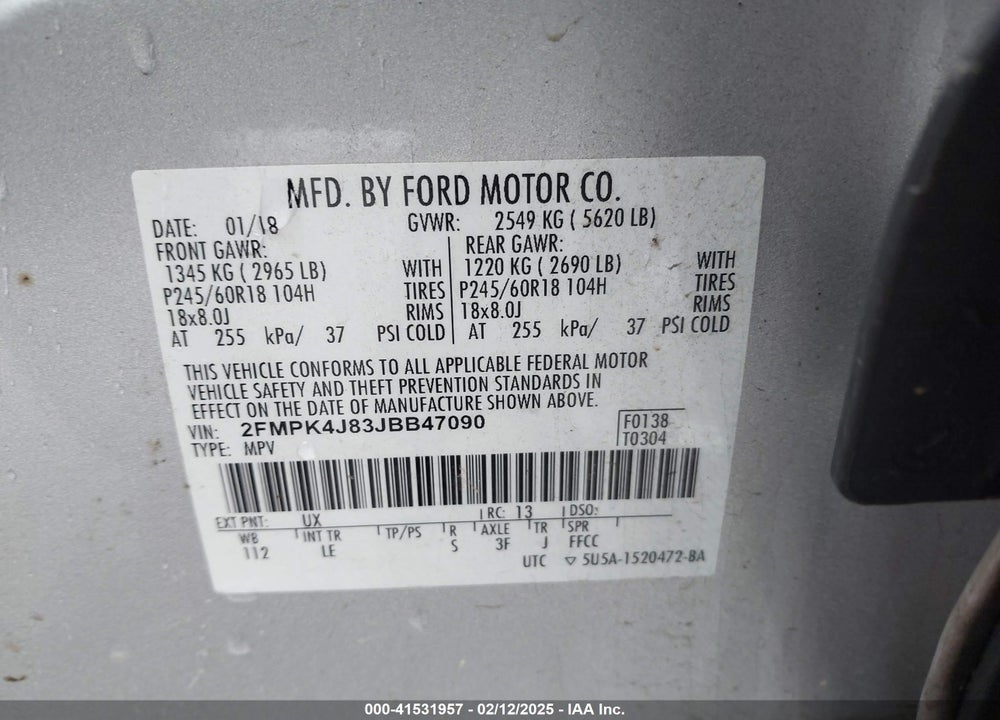 2018 FORD EDGE VIN: 2FMPK4J83JBB47090