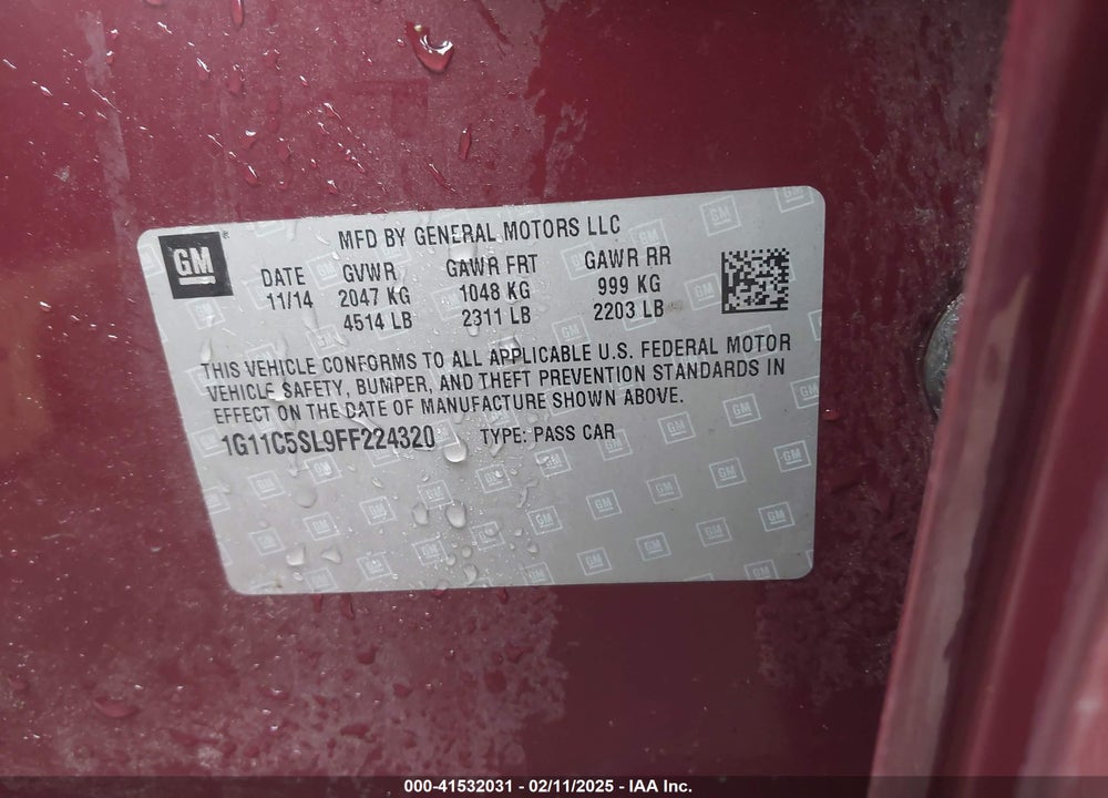 2015 CHEVROLET MALIBU VIN: 1G11C5SL9FF224320