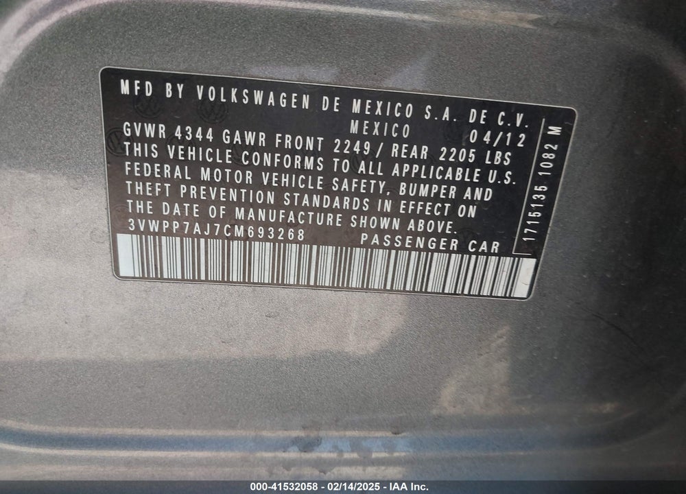 2012 VOLKSWAGEN JETTA SPORTWAGEN 2.5L SE VIN: 3VWPP7AJ7CM693268