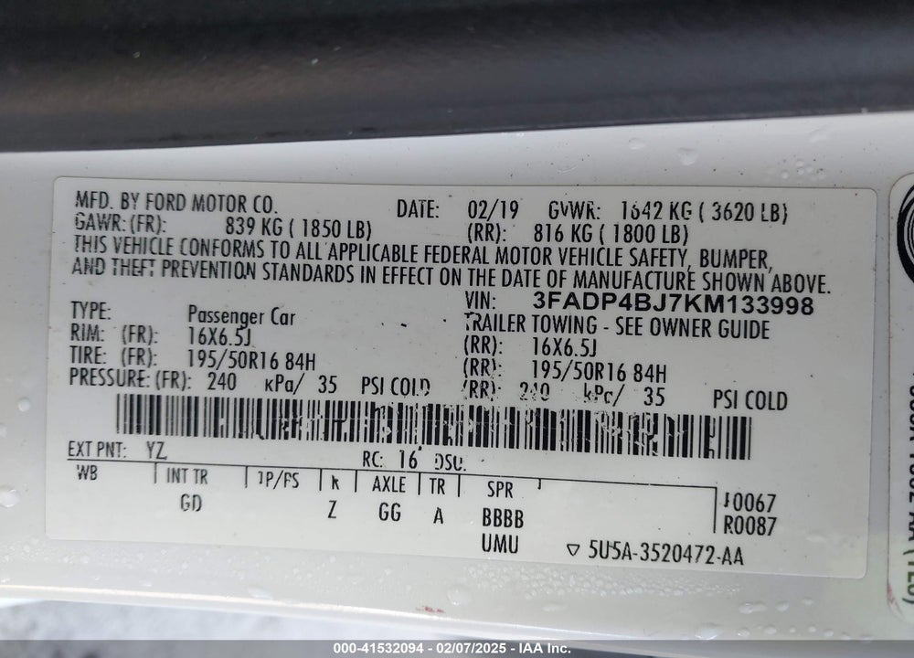 2019 FORD FIESTA SE VIN: 3FADP4BJ7KM133998