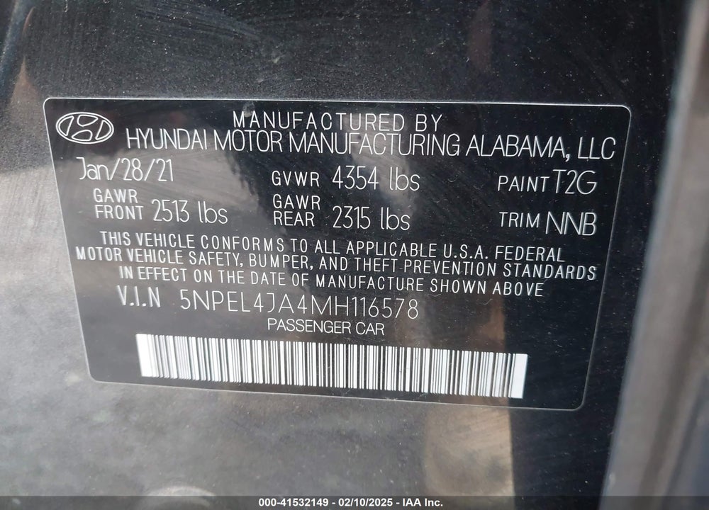 2021 HYUNDAI SONATA VIN: 5NPEL4JA4MH116578