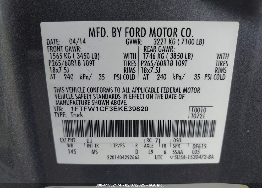 2014 FORD F-150 XLT VIN: 1FTFW1CF3EKE39820