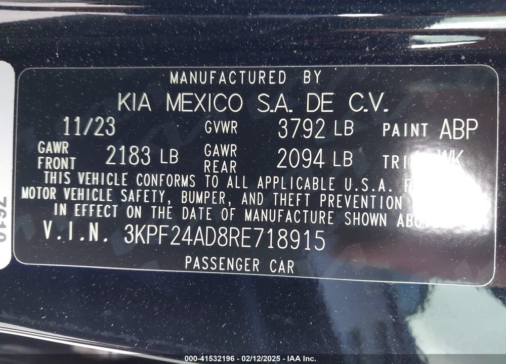 2024 KIA FORTE VIN: 3KPF24AD8RE718915