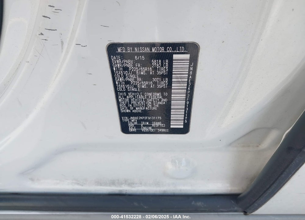 2015 NISSAN QUEST PLATINUM/S/SL/SV VIN: JN8AE2KP2F9131175