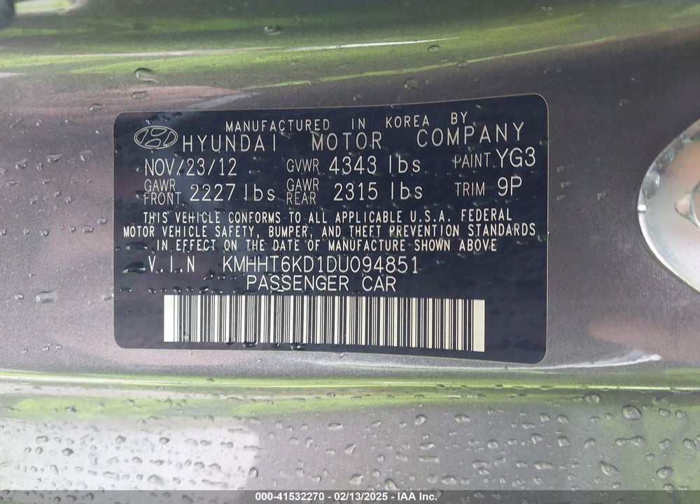 2013 HYUNDAI GENESIS VIN: KMHHT6KD1DU094851