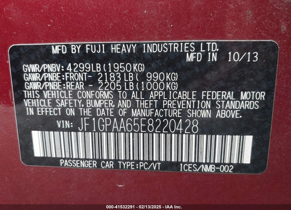 2014 SUBARU IMPREZA VIN: JF1GPAA65E8220428