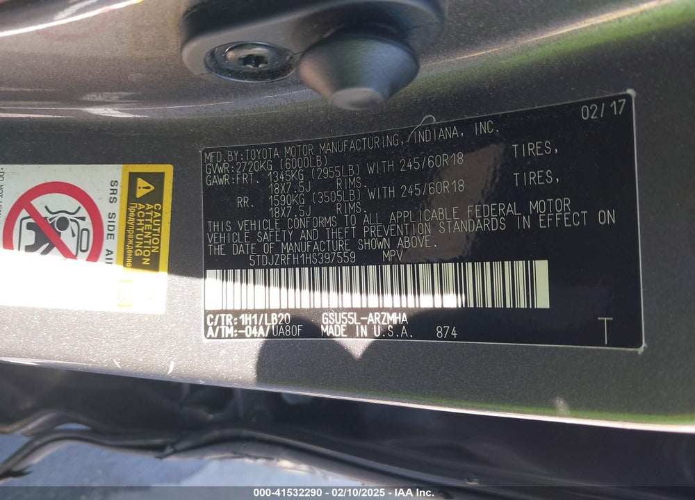 2017 TOYOTA HIGHLANDER VIN: 5TDJZRFH1HS397559