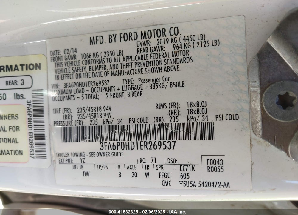 2014 FORD FUSION VIN: 3FA6P0HD1ER269537