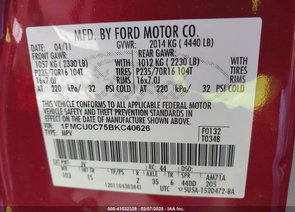 2011 FORD ESCAPE XLS VIN: 1FMCU0C75BKC40626