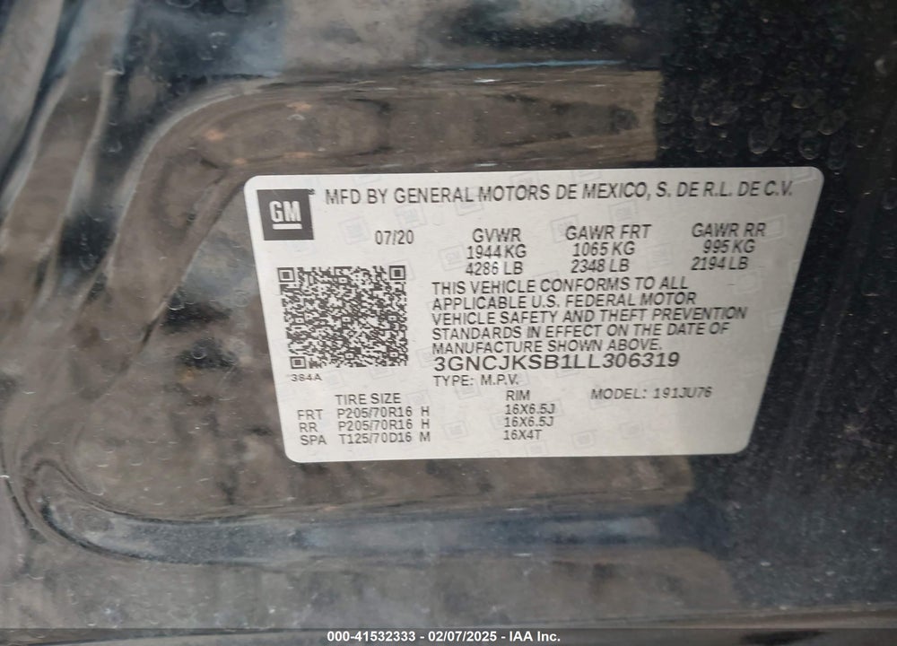 2020 CHEVROLET TRAX VIN: 3GNCJKSB1LL306319