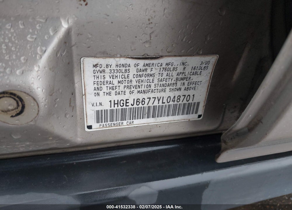 2000 HONDA CIVIC LX VIN: 1HGEJ6677YL048701