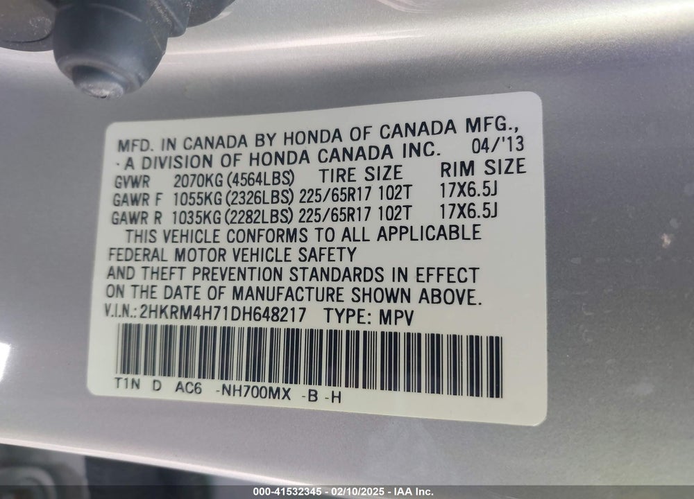 2013 HONDA CR-V EX-L VIN: 2HKRM4H71DH648217