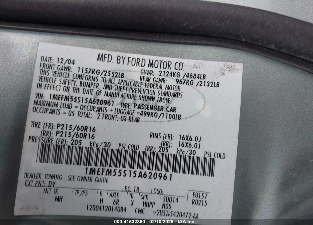 2005 MERCURY SABLE LS VIN: 1MEFM55S15A620961