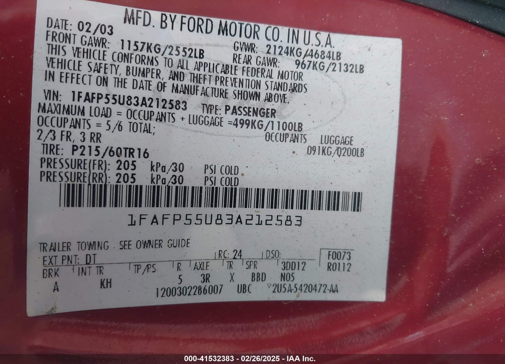 2003 FORD TAURUS SES VIN: 1FAFP55U83A212583