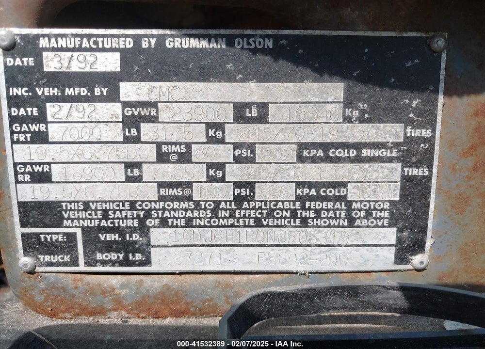 1992 GMC TOPKICK C6H042 VIN: 1GDJ6H1P0NJ505319