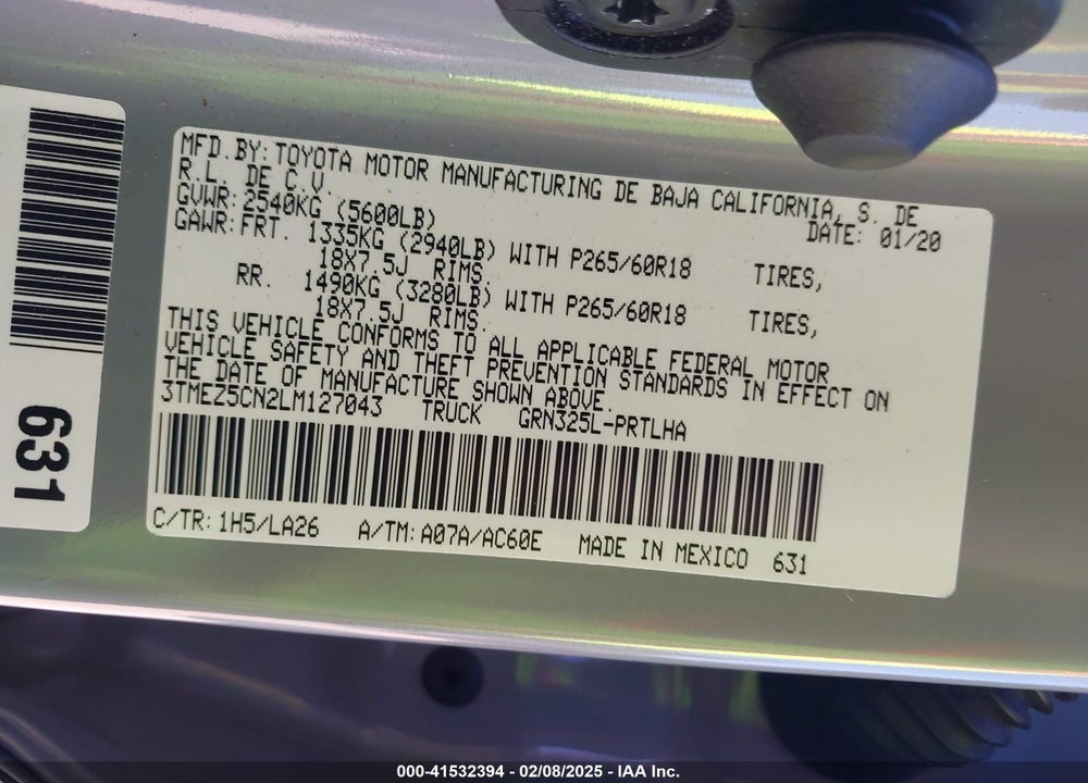 2020 TOYOTA TACOMA LIMITED VIN: 3TMEZ5CN2LM127043