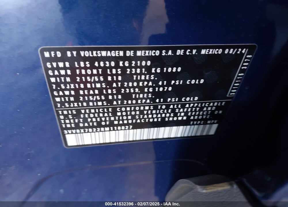 2024 VOLKSWAGEN TAOS VIN: 3VV8X7B22RM118827