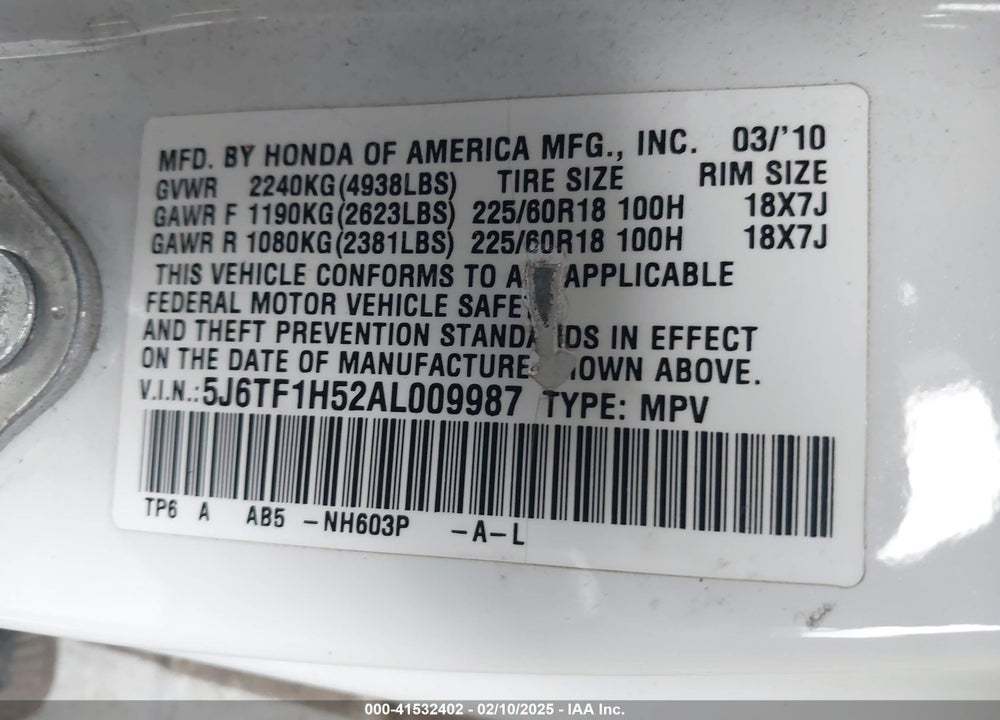 2010 HONDA ACCORD CROSSTOUR VIN: 5J6TF1H52AL009987
